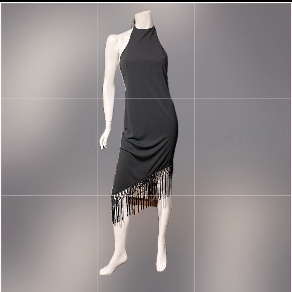 White House Black Market black halter asymmetric fringe lined party  dress EUC